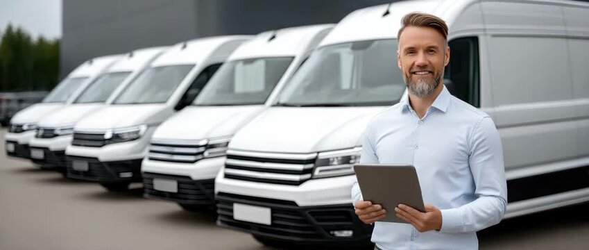 A man holds a tablet and smiles while standing in front of multiple delivery vans parked at a fleet location outdoors