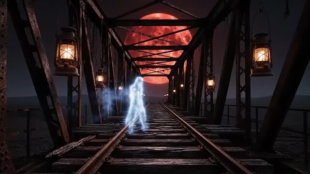Ethereal figure walks across old railway bridge under a large, ominous red moon, creating a spooky and mysterious atmosphere.