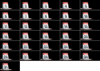 March Calendar Days Set Spotlighted on Black Background