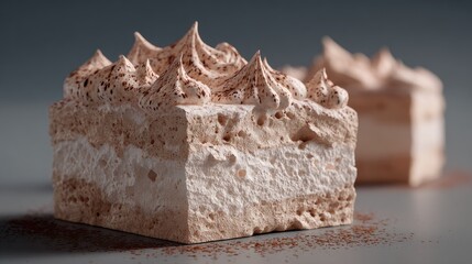 Close-up of a piece of layered cake with whipped cream and cocoa topping.