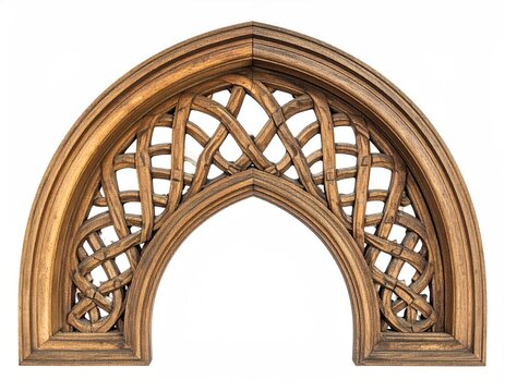 Ornate wood archway with interwoven Celtic-style lattice