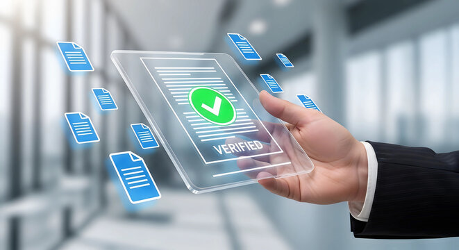 Business professional holding a transparent smartphone displaying a digital document with a green checkmark and data icons