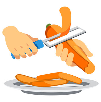 Icon vector of hand peeling carrot with a peeler, healthy vegetable preparation concept illustration.