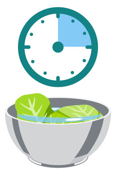Icon vector showing vegetables soaking in water with a timer, symbolizing cleaning duration for safe food.