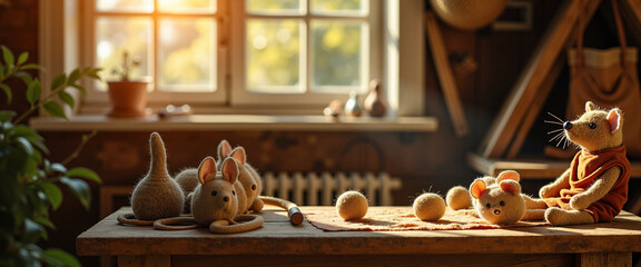 Cozy workshop with handmade toy mice and cat figurines in autumn light