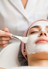 Naklejka premium beautician applies white cosmetic mask to woman's face with brush. client relaxes during skincare procedure in spa. beauty and wellness concept.