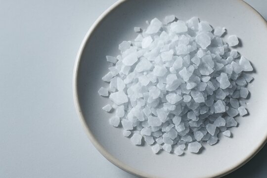 White crystalline lithium hydroxide flakes displayed on a ceramic dish with soft natural lighting and minimal shadows