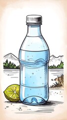 Water bottle with lemon, sketched illustration