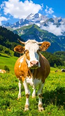 Cow in a lush alpine meadow, mountains in the background