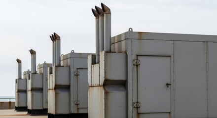 Industrial Generators with Exhaust Stacks, Power Equipment, and Technology Against a Cloudy Sky.