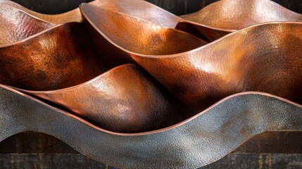 Abstract sculpture of merging waves made from polished copper
