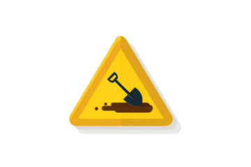 A yellow triangular warning sign indicates ongoing construction or digging, featuring a shovel in dirt, signifying work ahead. background removed