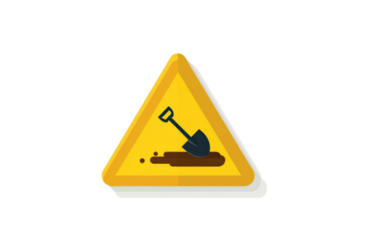 A yellow triangular warning sign indicates ongoing construction or digging, featuring a shovel in dirt, signifying work ahead. background removed