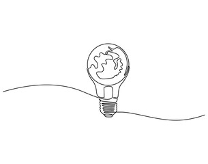Continuous one line drawing of earth globe inside lamp bulb. One line drawing illustration of earth and lamp bulb mix. Idea and innovation concept single line. Editable outline