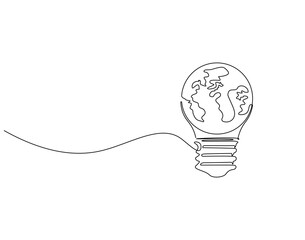 Continuous one line drawing of earth globe inside lamp bulb. One line drawing illustration of earth and lamp bulb mix. Idea and innovation concept single line. Editable outline
