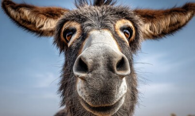 Fototapeta premium Close-up portrait of a curious donkey with expressive eyes and fluffy ears.