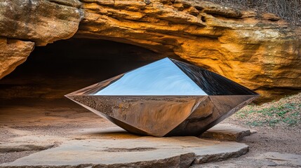 Abstract Metallic Sculpture Reflecting Sky in a Cave
