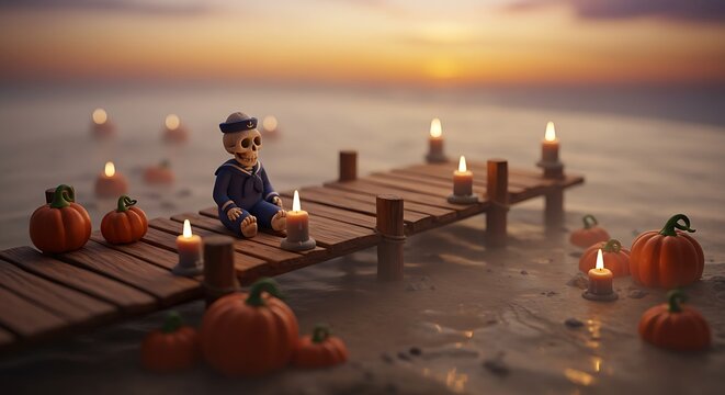 Spooky sailor skeleton enjoys a hauntingly beautiful sunset on a candlelit dock with pumpkins creating a whimsical Halloween mood