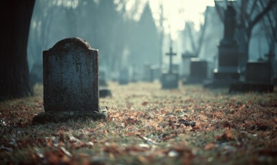 Eerie Cemetery Scene - Gravestones Amidst Misty Forest.