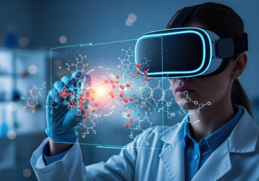 scientist in vr headset interacts with futuristic holographic interface, analyzing glowing molecular structure. innovation in medicine and healthcare. web design, presentation, banner.