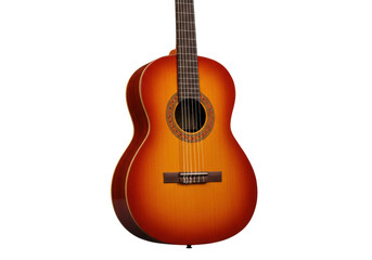 Obraz premium Isolated sunburst classical guitar, a wooden acoustic instrument with nylon strings setup