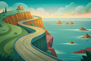 Curvy road along ocean cliff vector with turquoise waves and bright sky, scenic coastal journey illustration.