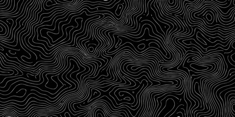 Abstract topographic map lines on a black background representing terrain contours and elevation changes