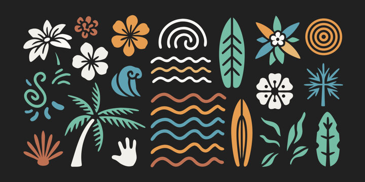 Fototapeta Tropical hawaiian summer icons collection with flowers palm tree surfboards and waves