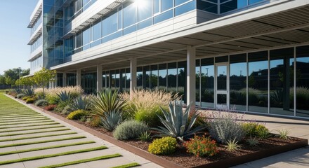 Modern Office Building Exterior with Landscaped Garden, Architectural Design and Green Spaces