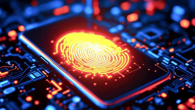 Illuminated fingerprint glows on a phone screen amidst an intricate circuit board