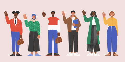 Diverse group of people waving hello in a friendly greeting illustration