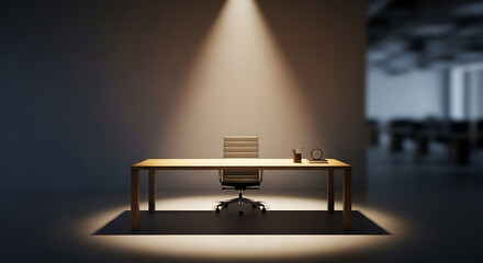 Spotlight on an empty office chair and desk in a dark office space