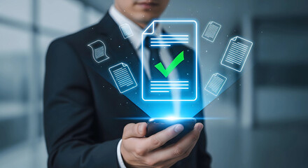 Businessman holding smartphone displaying digital document with verified checkmark and holographic icons representing data security and approval
