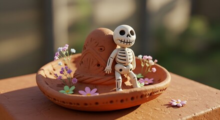 Festive skeleton figure sits on terracotta sombrero surrounded by colorful flowers in warm sunlight, celebrating cultural traditions