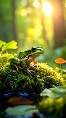 Vibrant green frog perched on mossy bank in sunlit forest
