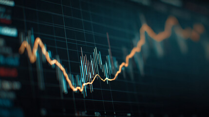 Naklejka premium A close up of a financial chart showing an orange line graph and blue vertical lines on a dark background