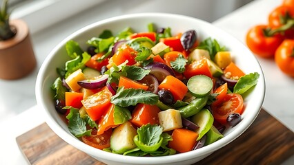 Vibrant vegetable salad in white bowl, fresh ingredients arranged artistically on minimalist backdrop.