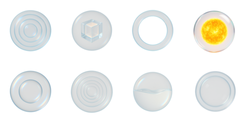 Collection of eight isolated transparent glass shapes, including circles, rings, a cube, and a sphere with a glowing center, on a white background for design and science concepts.