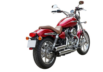 Obraz premium Isolated vintage red cruiser motorcycle from a low angle, showing retro chrome exhaust pipes