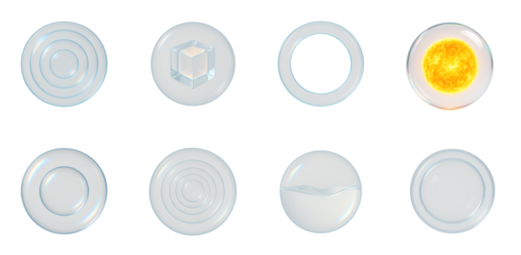 Collection of eight isolated transparent glass shapes, including circles, rings, a cube, and a sphere with a glowing center, on a white background for design and science concepts.
