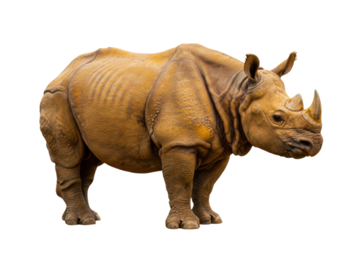 Isolated rhinoceros on a neutral background looking to the right of the image plane