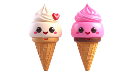 Two 3D ice cream cone emoji variations with heart eyes faces, isolated on transparent background