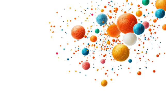Colorful balls of thread in mid-air on transparent background