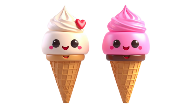 Two 3D ice cream cone emoji variations with heart eyes faces, isolated on transparent background