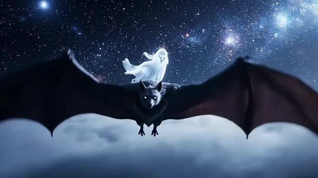Mystical figure rides a giant bat through the night sky, illuminated by stars and clouds, creating a dreamy and fantastical atmosphere.