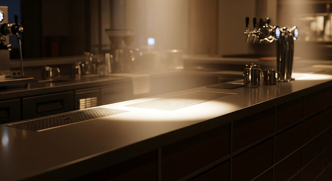 Sunlit Bar Counter with Beer Taps in Dimly Lit Pub - Powered by Adobe