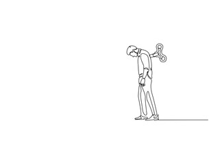Continuous one line drawing of man walking with wind up key. One line drawing illustration of tired man with wind up key. Tired of reality concept single line. Editable outline