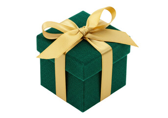 Isolated emerald-green gift box with golden satin ribbon, tied into a decorative bow for a present