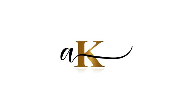 Golden letter AK lowercase a and reflection, isolated on white background