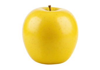 Isolated Golden Delicious apple, close up of fresh ripe fruit with tiny stem and specks
